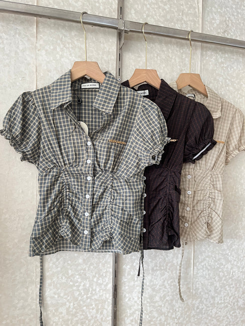 Checker Collar Down Fitted Tops